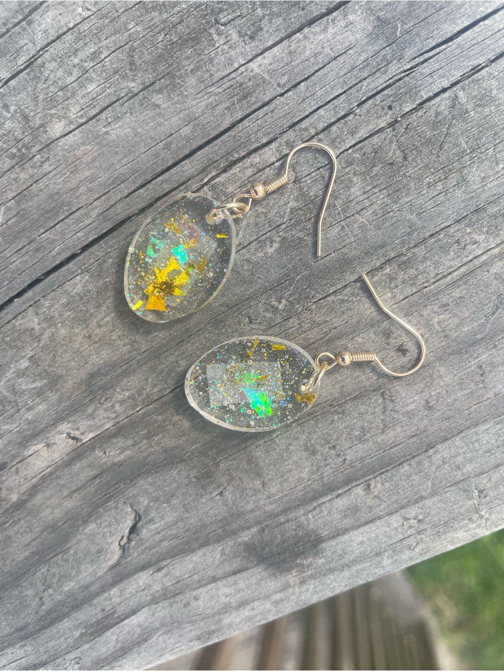 Handmade Clear Resin Oval polkadot Dangle Earrings with Gold & Iridescent Flakes